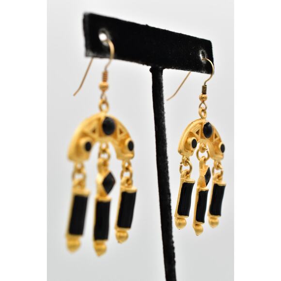 Vintage Dangle Earrings Brushed Gold Black Enamel Heavy Chunky NOS 1980s BinZ - Picture 5 of 12